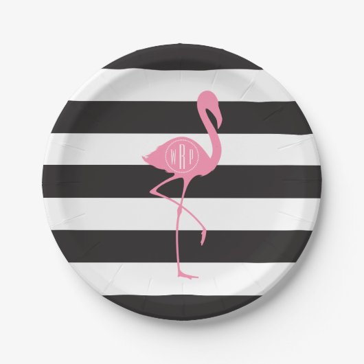 Mit Monogramm rosa Flamingo + Schwarzes + Weiße Pappteller (Vorderseite)