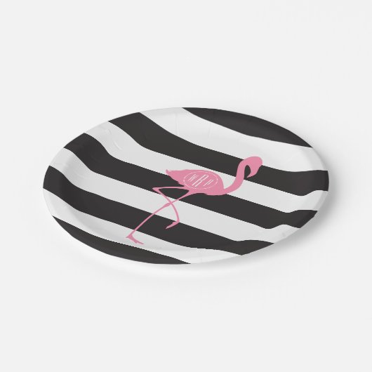 Mit Monogramm rosa Flamingo + Schwarzes + Weiße Pappteller (Schrägansicht)