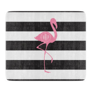 Mit Monogramm rosa Flamingo + Schwarzes + Weiße Schneidebrett