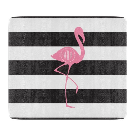Mit Monogramm rosa Flamingo + Schwarzes + Weiße Schneidebrett (Vorderseite)