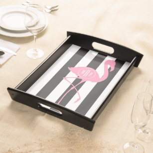 Mit Monogramm rosa Flamingo + Schwarzes + Weiße Serviertablett