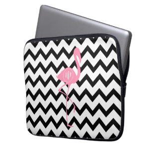 Mit Monogramm rosa Flamingo + Schwarzes Zickzack Laptopschutzhülle
