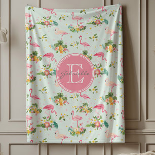 Mit Monogramm rosa Flamingos tropische Pflanze Mus Fleecedecke