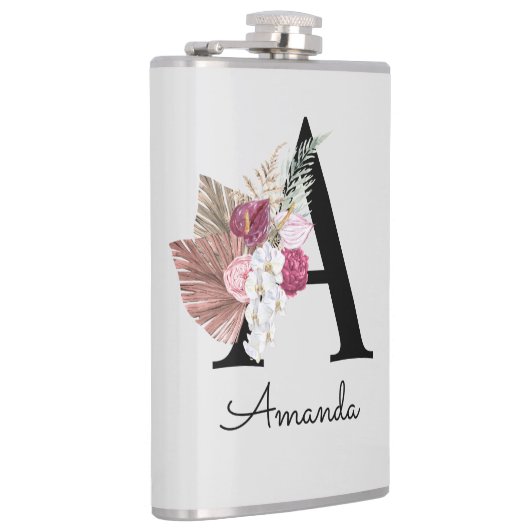 Mit Monogramm rosa Floral Initial A Flachmann (Rechts)