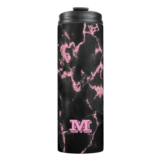 Mit Monogramm rosa Glitzer im schwarzen Hintergrun Thermosbecher (Vorderseite)