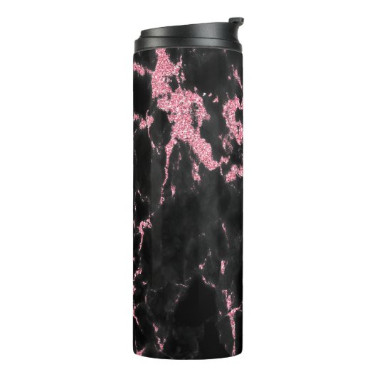 Mit Monogramm rosa Glitzer im schwarzen Hintergrun Thermosbecher (Nach links gedreht)