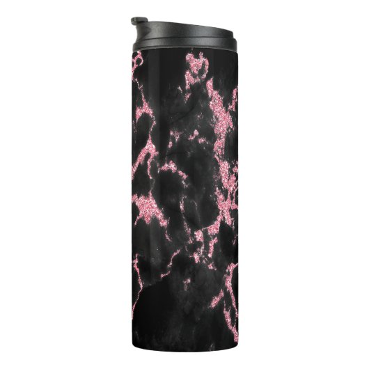 Mit Monogramm rosa Glitzer im schwarzen Hintergrun Thermosbecher (Nach rechts gedreht)