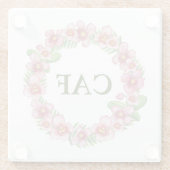 Mit Monogramm rosa grüner Blumenkranz Glasuntersetzer (Rückseite)