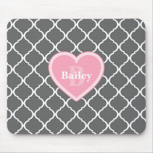 mit Monogramm rosa Herz Graues marokkanisches Gitt Mousepad