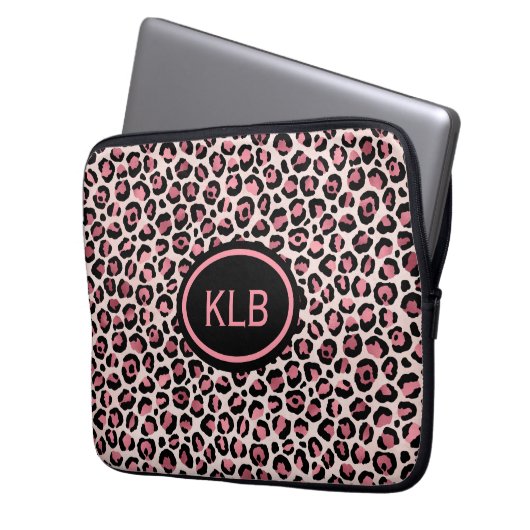 Mit Monogramm rosa Leopardenfarbe Laptopschutzhülle (Vorderseite Links)
