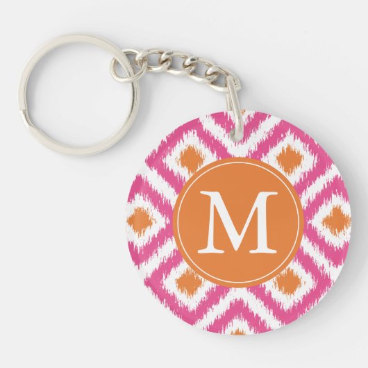 Mit Monogramm rosa Mandarine-Diamant Ikat Muster Schlüsselanhänger (Vorderseite)