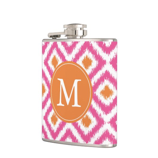 Mit Monogramm rosa Mandarine Diamonds Ikat Pattern Flachmann (Links)