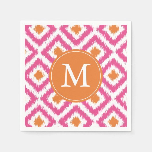 Mit Monogramm-Rosa-Mandarine Ikat-Muster Serviette (Vorderseite)