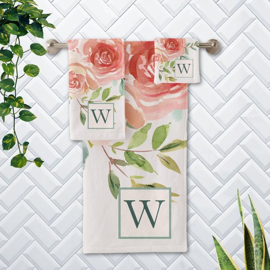 Mit Monogramm Rosa Rose Blume Bouquet Badhandtuch Set