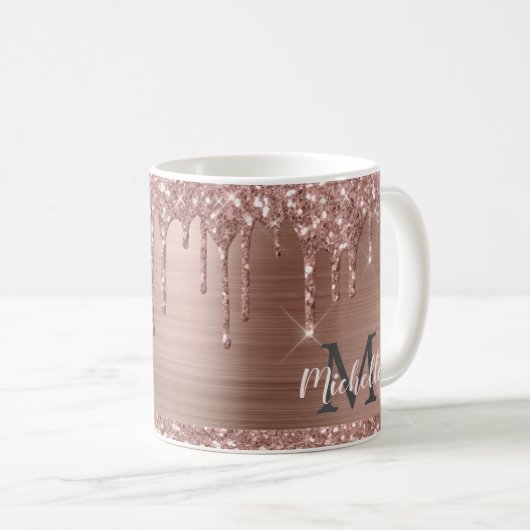 Mit Monogramm Rosa Rose Gold Glitzer Tropfen Kaffeetasse (VorderseiteRechts)