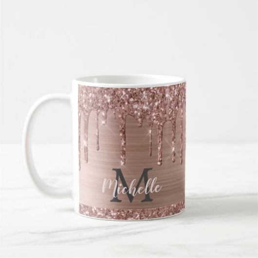 Mit Monogramm Rosa Rose Gold Glitzer Tropfen Kaffeetasse (Links)