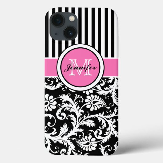 Mit Monogramm rosa, schwarz, weiß gestreifte Damas Case-Mate iPhone Hülle (Rückseite)