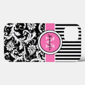 Mit Monogramm rosa, schwarz, weiß gestreifte Damas Case-Mate iPhone Hülle (Rückseite (Horizontal))