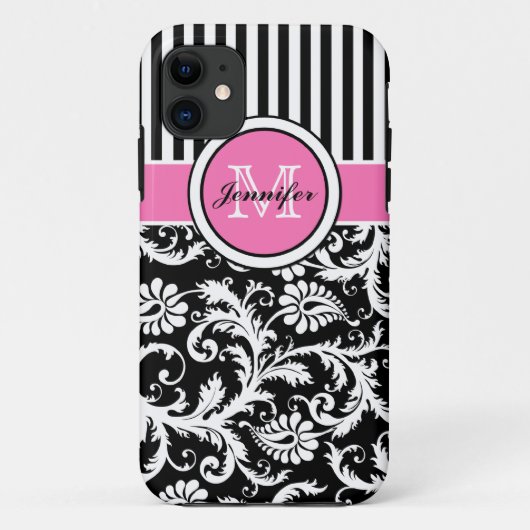 Mit Monogramm rosa, schwarz, weiß gestreifter Dama Case-Mate iPhone Hülle (Rückseite)