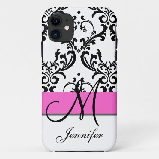 Mit Monogramm rosa Schwarz-weiße Wirbel Damaskus Case-Mate iPhone Hülle (Rückseite)