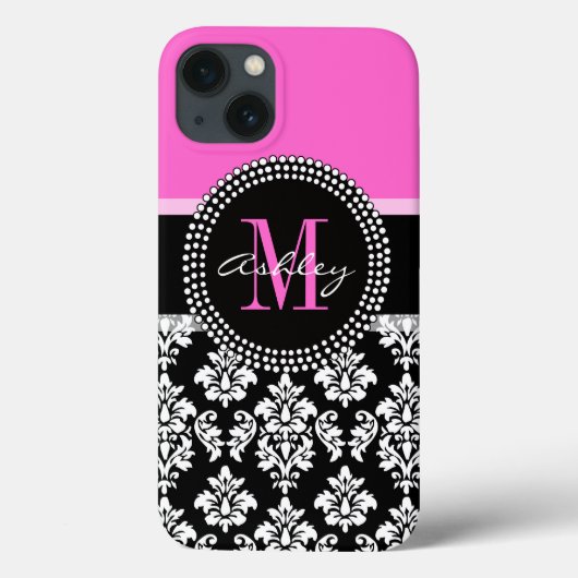Mit Monogramm rosa schwarze Damaske Case-Mate iPhone Hülle (Rückseite)