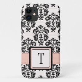 Mit Monogramm rosa schwarzer Damast iPhone 11 Hülle