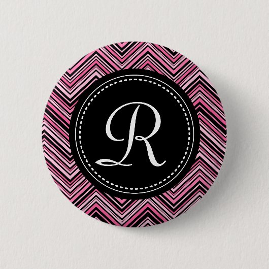 Mit Monogramm rosa Schwarzes Tribal Zickzack Muste Button (Vorderseite)