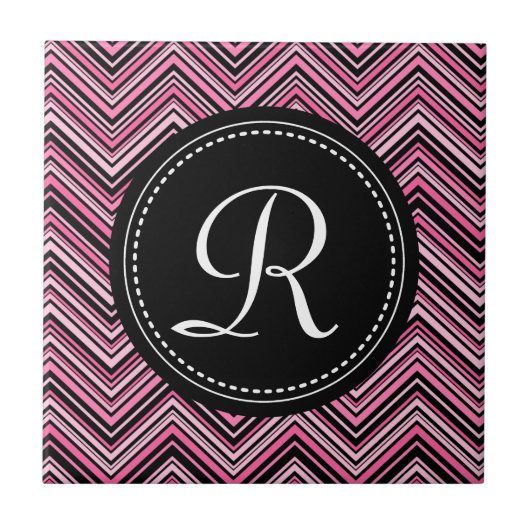 Mit Monogramm rosa Schwarzes Tribal Zickzack Muste Fliese (Vorderseite)