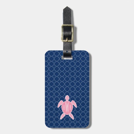Mit Monogramm rosa Seeschildkröte-Blau Quatrefoil Gepäckanhänger (Vorderseite vertikal)