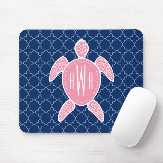 Mit Monogramm rosa Seeschildkröte-Blau Quatrefoil Mousepad (Mit Mouse)