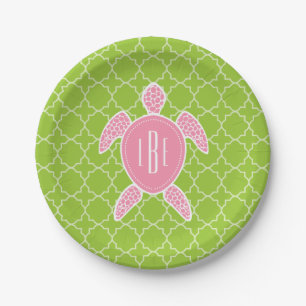 Mit Monogramm rosa Seeschildkröte-Grün Quatrefoi Pappteller