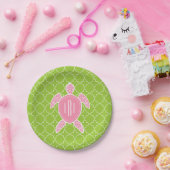 Mit Monogramm rosa Seeschildkröte-Grün Quatrefoil Pappteller (Party)