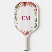 Mit Monogramm rosa Streifen und Blumen Pickleball Schläger (Rückseite)