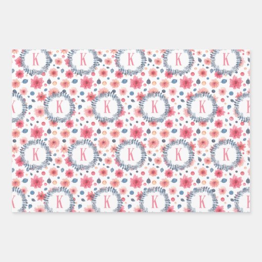 Mit Monogramm rosa und blaue Blüten Geschenkpapier Set (Vorderseite 2)