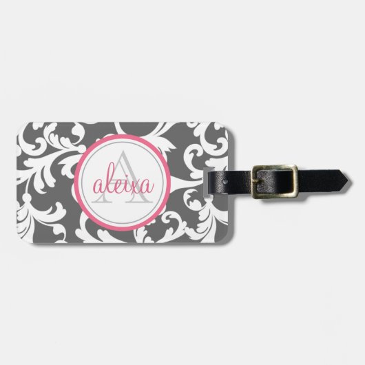 Mit Monogramm, rosa und graue Damast Gepäckanhänger (Vorderseite horizontal)