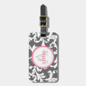 Mit Monogramm, rosa und graue Damast Gepäckanhänger (Vorderseite vertikal)