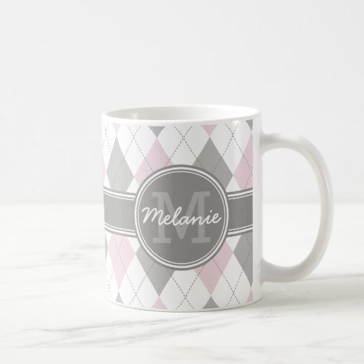 Mit Monogramm rosa und graues Raute Muster Kaffeetasse (Rechts)