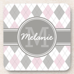 Mit Monogramm rosa und graues Raute Muster Untersetzer