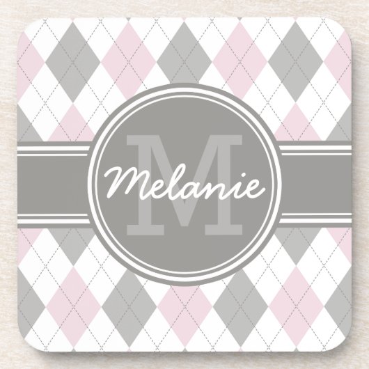 Mit Monogramm rosa und graues Raute Muster Untersetzer (Vorderseite)