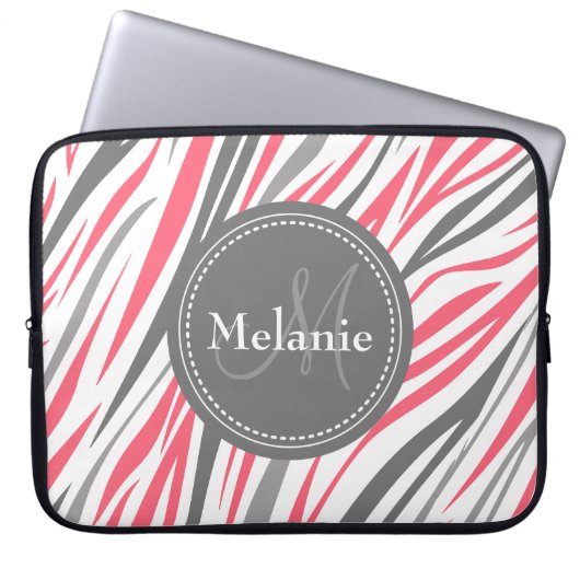 Mit Monogramm rosa und graues Zebra-Muster Laptopschutzhülle (Vorderseite)