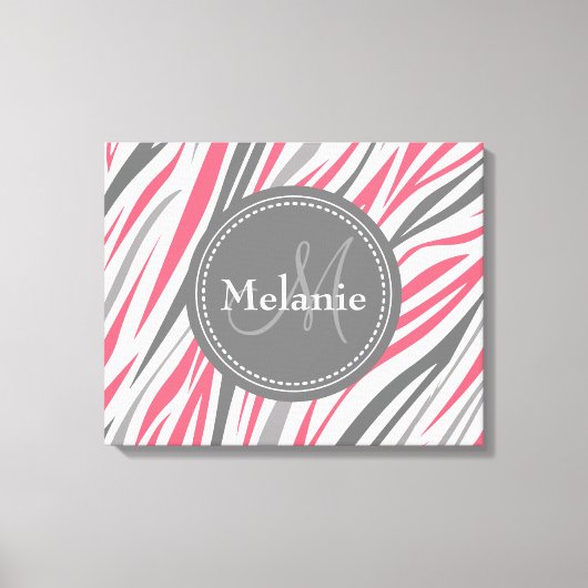 Mit Monogramm rosa und graues Zebra-Muster Leinwanddruck (Vorderseite)