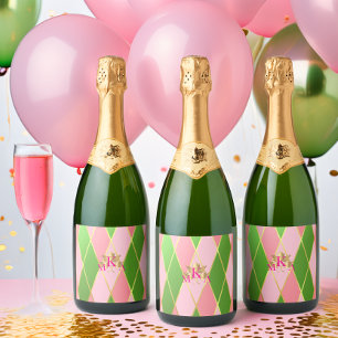 Mit Monogramm rosa und grün Schaumweinetikett