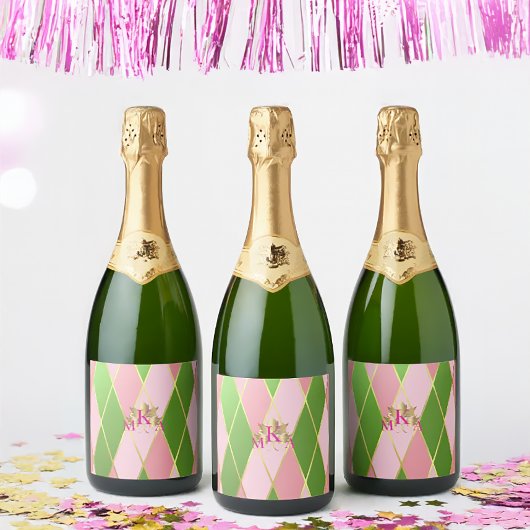 Mit Monogramm rosa und grün Schaumweinetikett