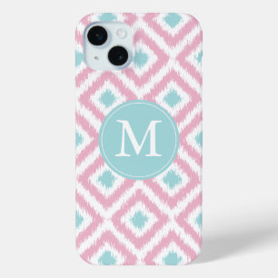 Mit Monogramm Rosa- und Mini-Diamanten-Ikat-Muster iPhone 15 Mini Hülle