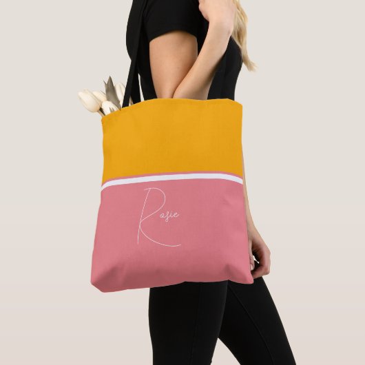 Mit Monogramm, rosa und orangefarbener Totbeutel Tasche (Von Nahem)