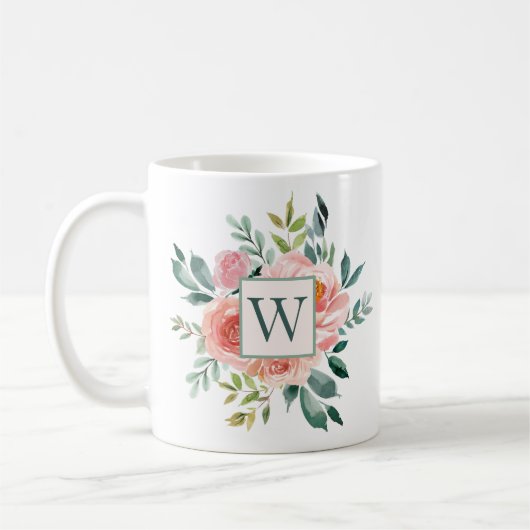 Mit Monogramm Rosa- und Peony-Blume Kaffeetasse (Links)