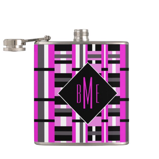 Mit Monogramm Rosa und Schwarz Kariert Flachmann (Geöffnet)