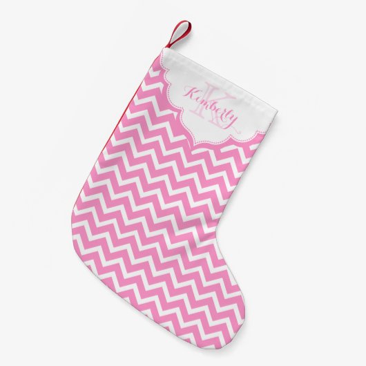 Mit Monogramm Rosa und weiße Zigzag Zickzack Kleiner Weihnachtsstrumpf (Vorderansicht (hängend))