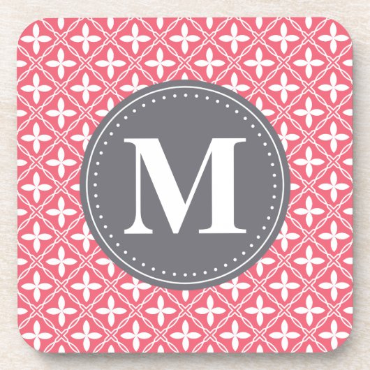 Mit Monogramm rosa, weißes, florales Gittermuster Getränkeuntersetzer (Vorderseite)