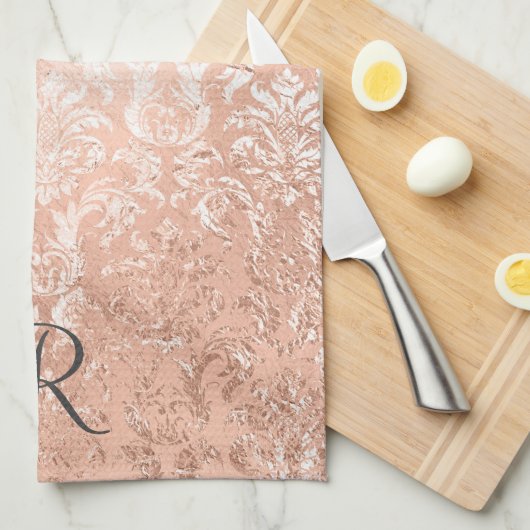 Mit Monogramm Rose Gold Damask Geschirrtuch (Viertel Falte)